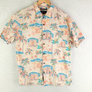 Roark Shirt Mens Medium Tan Blue Hawaiian Camp Button Up Palm Tree 100% Cotton